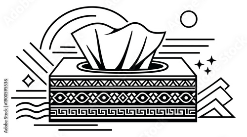 Abstract line art illustration of a tissue box depicting facial tissues with geometric elements for hygiene