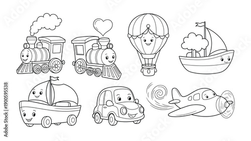 Cheerful Transport Lineup: A delightful collection of charming transportation illustrations, each radiating a unique personality, set against a backdrop perfect for adding creativity.