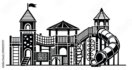 Graphic style illustration of a playground structure depicting various play elements for children's recreation