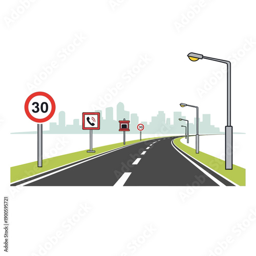 Road with traffic signs, streetlights and cityscape background