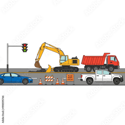 Construction Scene: Excavator, Dump Truck, Cars, Traffic Lights, Road Work
