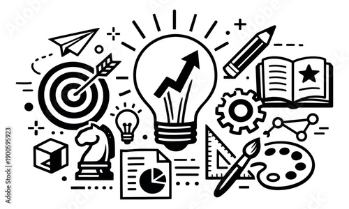 Hand drawn line art business and creativity icons set featuring lightbulbs, a target, a chess knight, a book, and art tools for innovation, strategy, and education