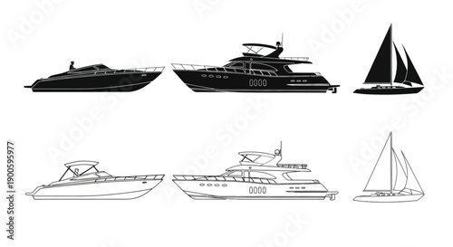 Black and white illustrations of various boats and yachts on water
