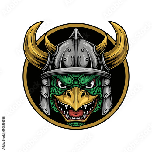 Viking warrior dragon emblem depicted on circular badge with aggressive animal head wearing metal helmet and sharp horns illustration