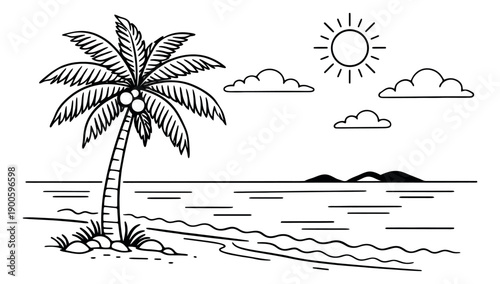 Hand drawn line art illustration of a sunny beach scene depicting a palm tree and ocean for tropical holidays