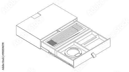 Black Line Art Isometric Exploded Luxury Incense Packaging Drawer Box with Trays and Holder