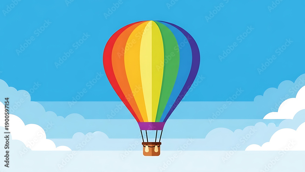 Fototapeta premium A vibrant rainbow hot air balloon floats serenely in a clear blue sky with fluffy white clouds.