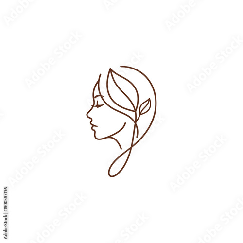 Elegant minimalist line art illustration of a woman's profile with natural leaf elements integrated into her hair, symbolizing beauty and nature.