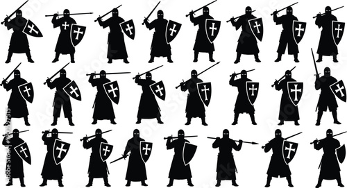 Medieval knight silhouettes collection with swords and shields, crusader warrior poses set, black armor figures isolated on white background illustration