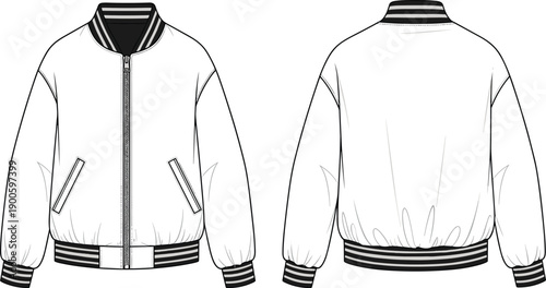 Varsity bomber jacket technical fashion sketch showing front and back views with zipper, ribbed collar cuffs hem, casual outerwear illustration isolated