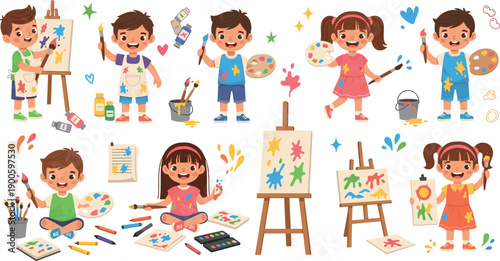 Cute Kids Painting Illustration Set with Children Drawing, Coloring, and Creating Art on Canvas Using Brushes, Paints, and Creative Supplies