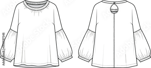 Women blouse technical fashion sketch showing front and back views, long puff sleeves garment outline illustration isolated on white background