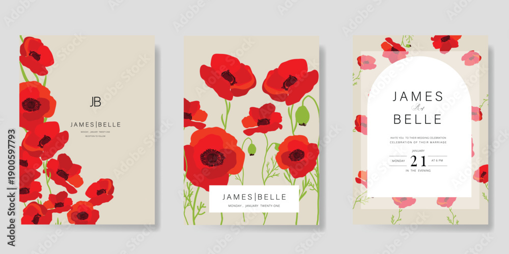 Fototapeta premium Poppy Flower Wedding Invitation set, floral invite thank you, rsvp modern card Design in Red flower with greenery branches decorative Vector elegant rustic template