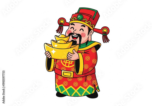 Joyful traditional Asian wealth figure illustration, beaming with happiness while holding golden ingots, symbolizing prosperity and good fortune