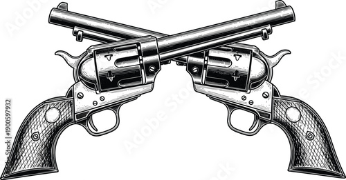 Vintage revolver pistols crossed illustration in engraved style isolated on white background classic firearm artwork design