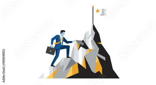 Businessman climbing mountain peak with flag for success