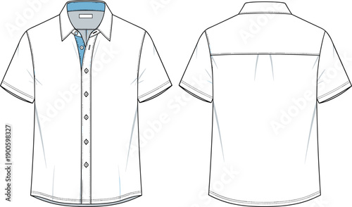 Men short sleeve button up shirt technical fashion illustration showing front and back views isolated on white background