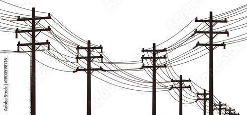 Overhead power line poles and tangled electric cables silhouette illustration isolated on white background urban energy infrastructure concept