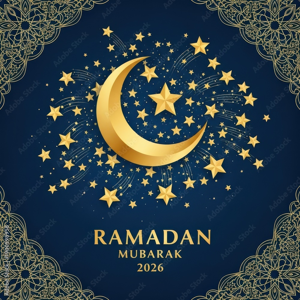 Naklejka premium Ramadan mubarak 2026: a celestial greeting with stars and crescent