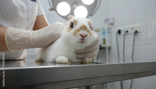 Rabbit receiving veterinary care on examination table in clinic  