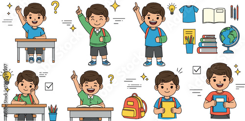 Cute school boy character set studying in classroom with books, backpack and ideas, cheerful cartoon flat vector illustration for education and kids design