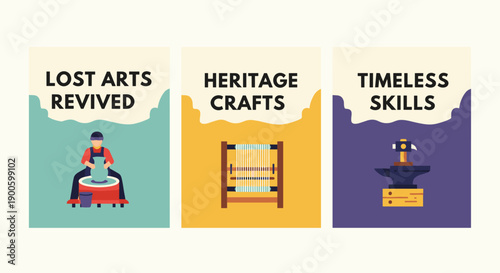 Illustrations of pottery, weaving, blacksmithing for traditional craft concepts