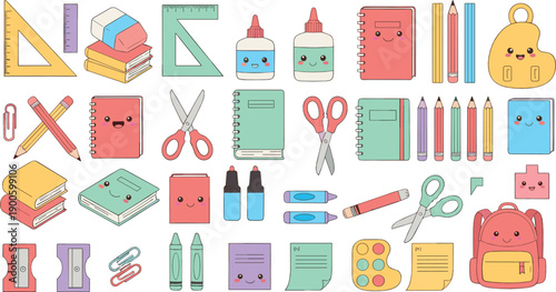 Cute school supplies icons set with smiling stationery characters, back to school education elements, notebooks, pencils and tools, colorful flat vector illustration