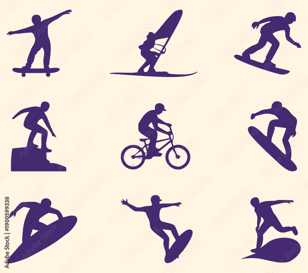 Fototapeta premium Purple Silhouettes of Extreme Sports Athletes action