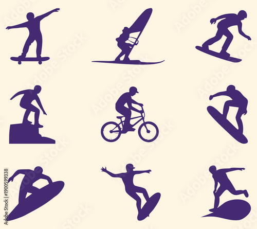 Purple Silhouettes of Extreme Sports Athletes action