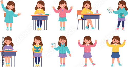 Cute schoolgirl studying and raising hands in classroom, happy student learning activities and school life scenes, education concept, colorful flat vector illustration set
