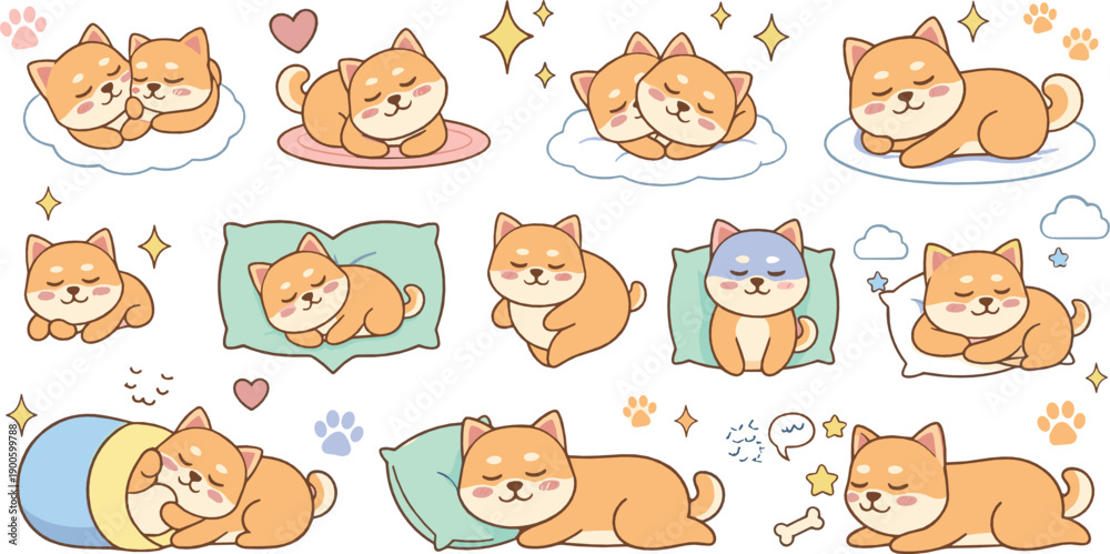 Fototapeta premium Cute Sleeping Shiba Inu Dog Illustration Set with Cozy Pillows and Clouds, Perfect for Nursery Art, Stickers, Clipart, and Kids Designs