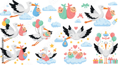 Cute Stork and Newborn Illustration Set with Flying Birds Carrying Babies, Bottles, Balloons, Clouds, and Gifts for Birth Announcement Designs