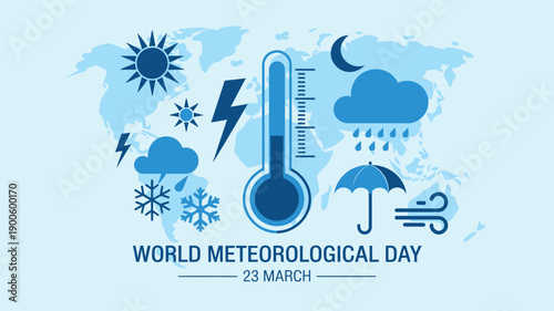 World Meteorological Day Illustration with Weather Icons and Climate Symbols
