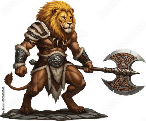 Fantasy lion warrior character, powerful beast hero, medieval battle armor, double axe weapon, game illustration, mythical animal fighter, RPG avatar, isolated on white background
