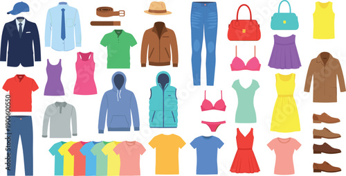 Flat design clothing collection illustration, colorful men and women fashion outfits with shirts, dresses, jackets, accessories and shoes, modern wardrobe vector set