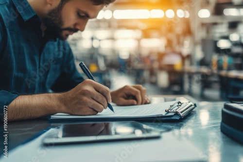 Focused technician documenting maintenance results on clipboard