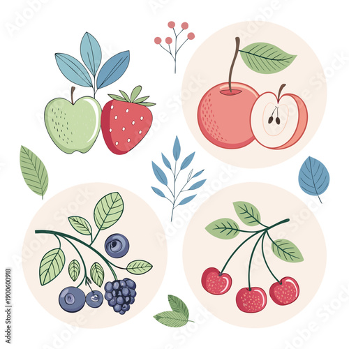 A colorful illustration of various fruits including strawberries, apples, blueberries, and cherries, arranged in circular frames with leaves.