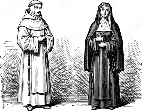 Medieval monk and nun vintage engraving illustration, religious clergy standing in traditional robes, black and white historical artwork, faith, devotion, spirituality, symbolism, heritage, culture