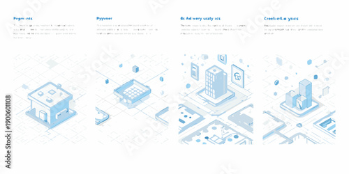Isometric illustration depicting building stages and delivery concepts with a blue tone