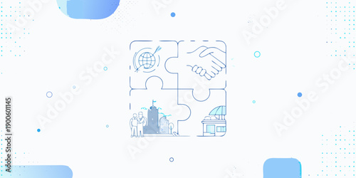 Puzzle pieces forming cityscapes and landmarks in a blue outline