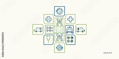 Healthcare icons arranged in a cross shape with a teal and green palette