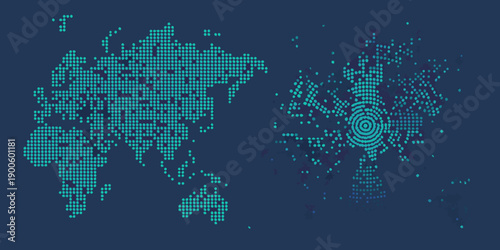 Abstract world map composed of glowing teal digital pixel patterns