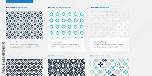 Pattern library display showcasing various repeating geometric designs and color palettes