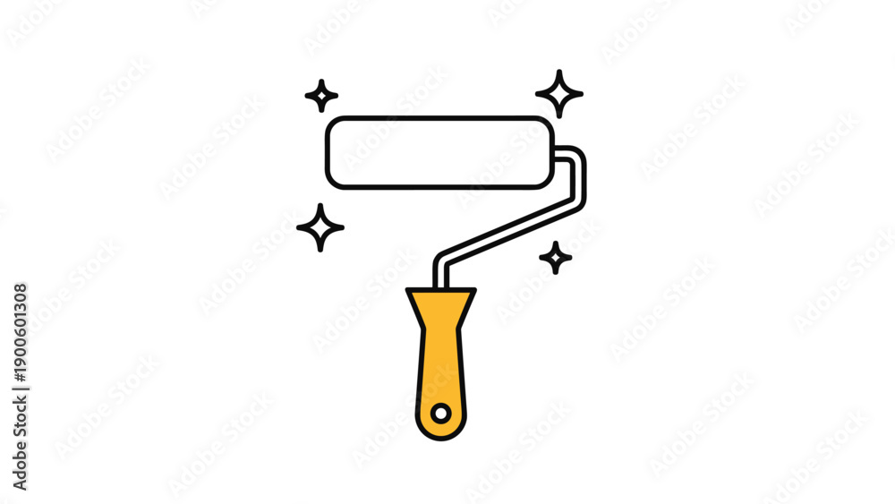 Obraz premium Paint roller tool with yellow handle and black outline surrounded by sparkling stars for home renovation and DIY projects.