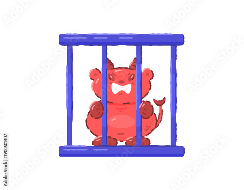 illustration of Satan imprisoned in the month of Ramadan. the devil is locked in a prison cell. punishment and imprisonment. cute and adorable devil character. crayon outline flat style. red