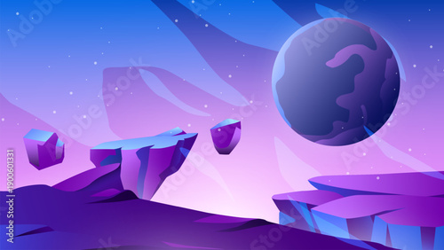 Minimalist Sci-Fi Flat Vector Background, Abstract Space Landscape with Floating Landmass and Distant Planet