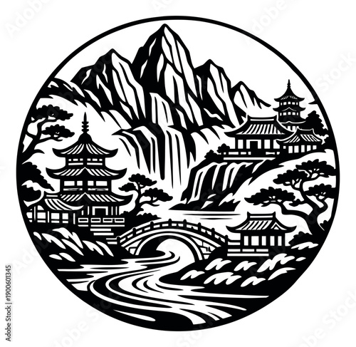 Oriental style line art illustration of an asian landscape depicting pagodas, mountains, and a river for cultural design