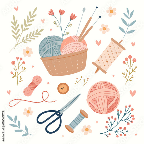 Knitting basket surrounded by yarn balls, scissors, and flowers in a cozy craft setup viewed from above