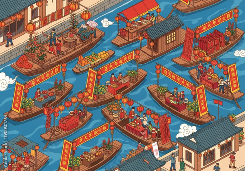 Traditional Chinese floating market with boats and stalls celebrating festival