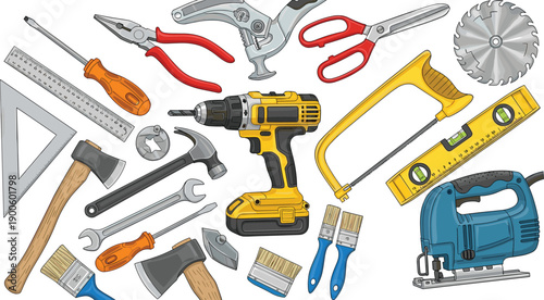 Set of professional hand and power tools illustration, construction and woodworking equipment collection, DIY repair concept, isolated on white background, detailed vector artwork